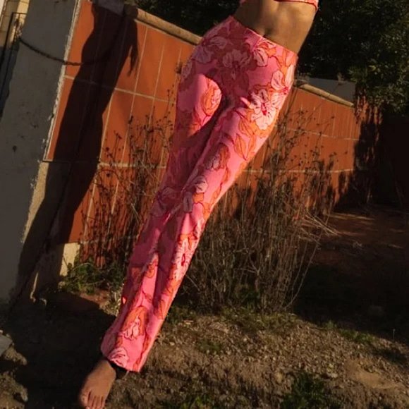 Zara Pants & Jumpsuits Nwt Zara Pink Floral Jacquard Wide Leg Pants